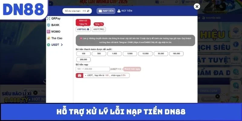 Hỗ trợ xử lý lỗi nạp tiền DN88